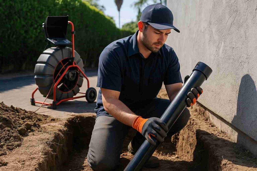 Professional plumber repairing underground sewer line in North Hollywood residential yard using advanced tools