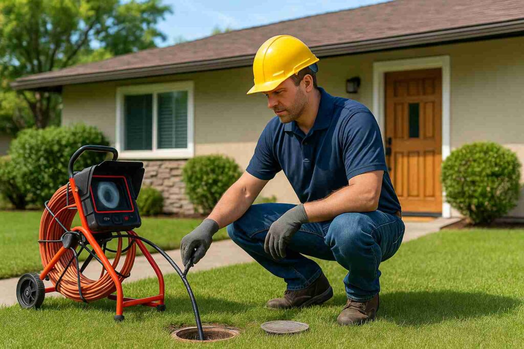 Plumber using sewer camera for inspection in Topanga front yard with equipment and cleanout access