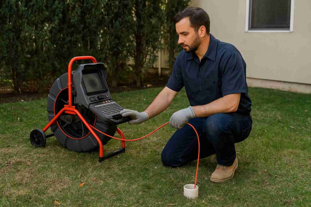 Plumber in Tarzana performing a trenchless sewer camera inspection in residential backyard