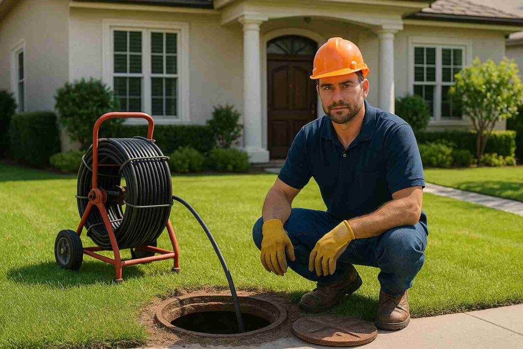 Plumber kneeling on a green lawn in front of a Toluca Lake home, performing trenchless sewer line repair with a cable reel machine.