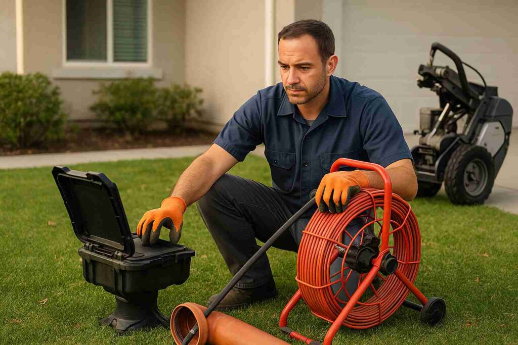 Plumber performing trenchless sewer camera inspection in a Playa Vista yard without excavation