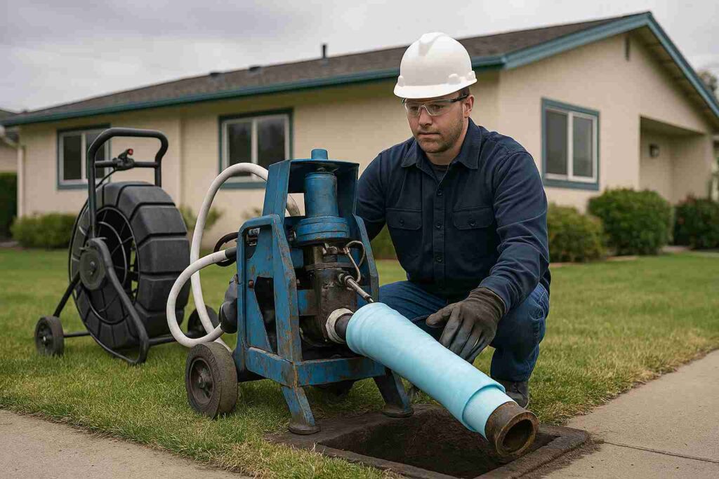 Construction worker performing trenchless sewer repair in front of a suburban El Segundo home using a CIPP liner and advanced equipment