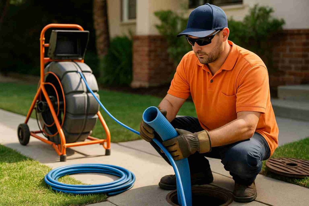 Professional plumber performing trenchless sewer repair using modern equipment in a residential neighborhood in La Canada Flintridge