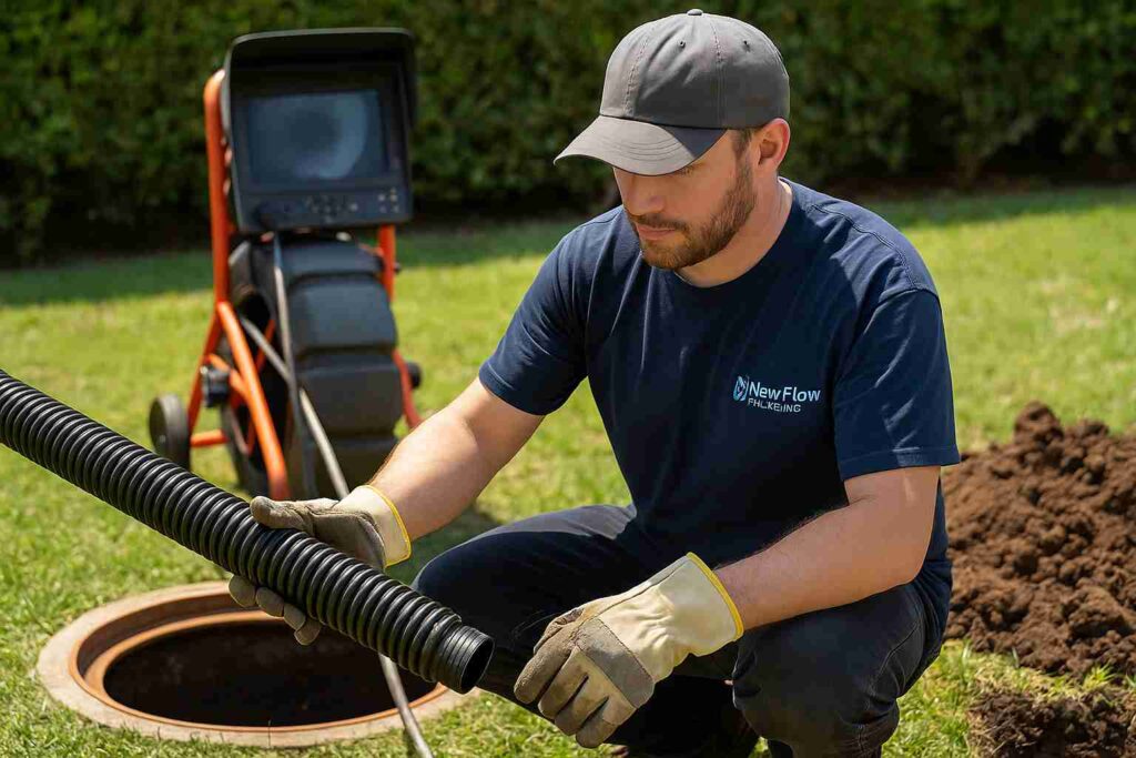 Plumber from New Flow Plumbing performing trenchless sewer repair in a San Marino yard using CCTV inspection equipment, wearing a logo-branded shirt.