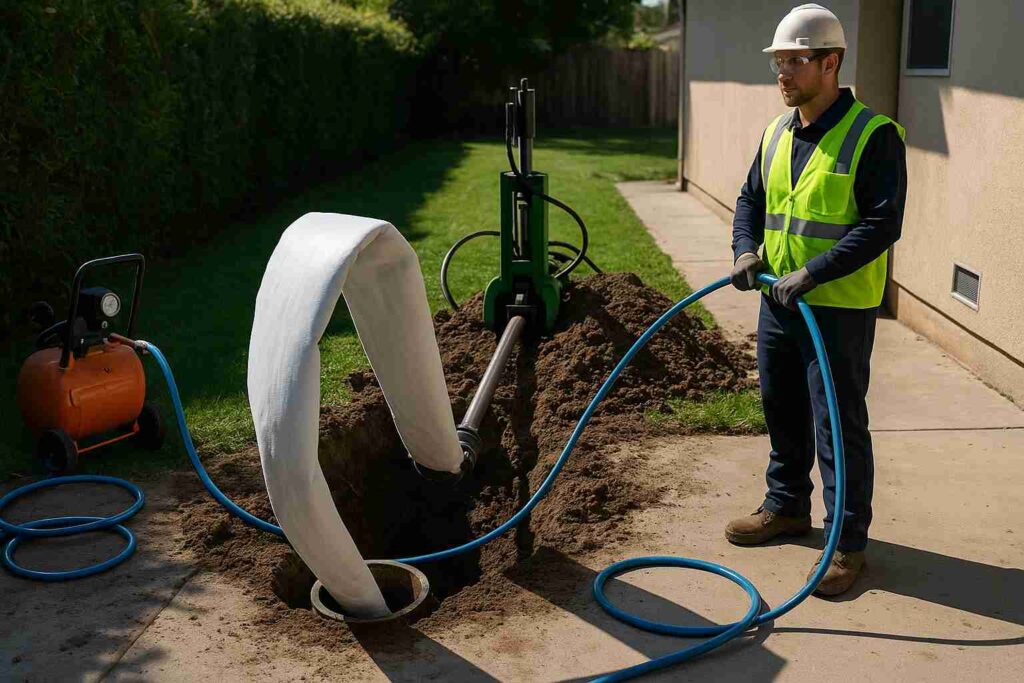 Trenchless sewer repair at a residential property in Studio City with a worker installing a pipe liner into the ground