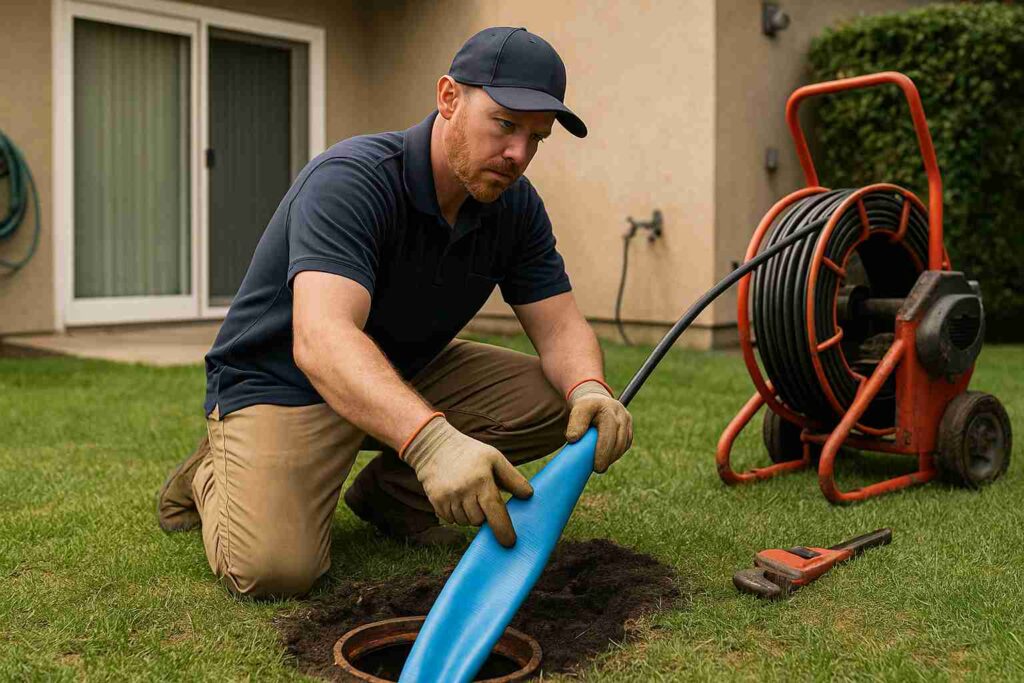 Plumber performing trenchless sewer repair in a Newhall residential backyard with specialized equipment