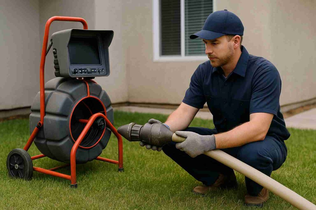 Technician performing trenchless sewer repair using pipe bursting equipment on a residential lawn in Playa Del Rey, California