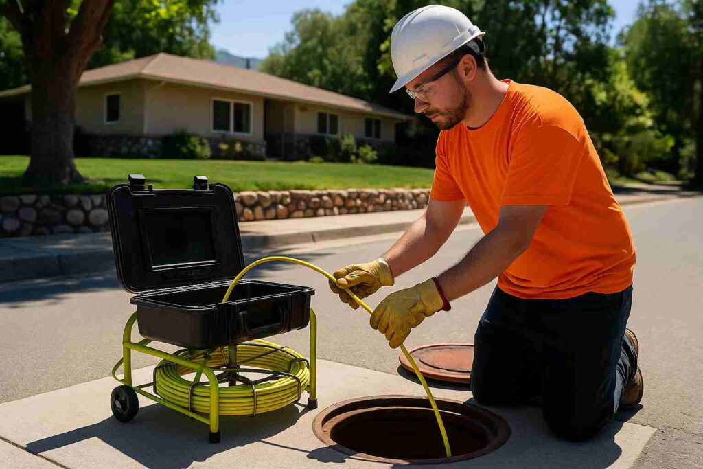Technician performing trenchless sewer repair with pipe lining equipment in a sunny Topanga, CA front yard