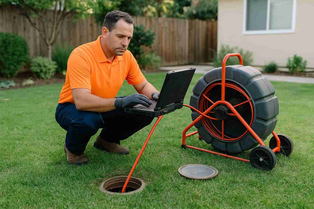 Plumber using sewer inspection camera in suburban yard during trenchless sewer repair in Universal City, CA