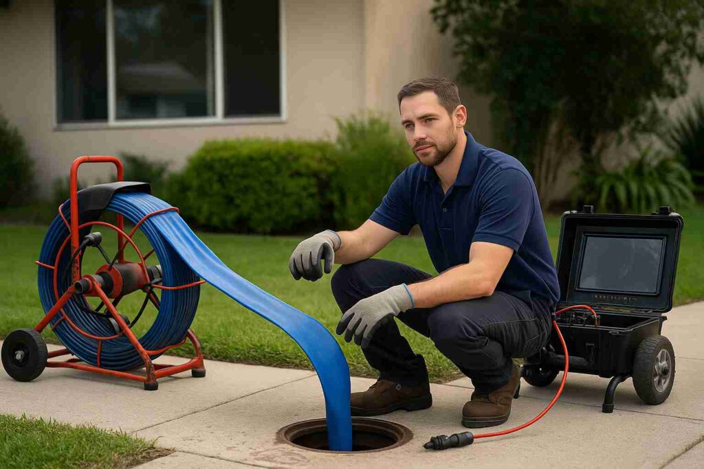 Technician performing trenchless sewer repair in a Venice, CA residential neighborhood using modern pipe lining equipment