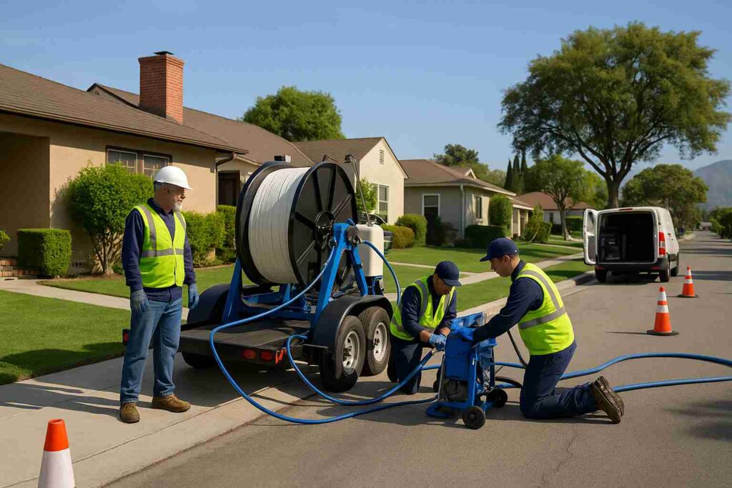 Technicians performing trenchless sewer repair on a quiet residential street in Verdugo City, California, using trenchless pipe-lining equipment with minimal digging.