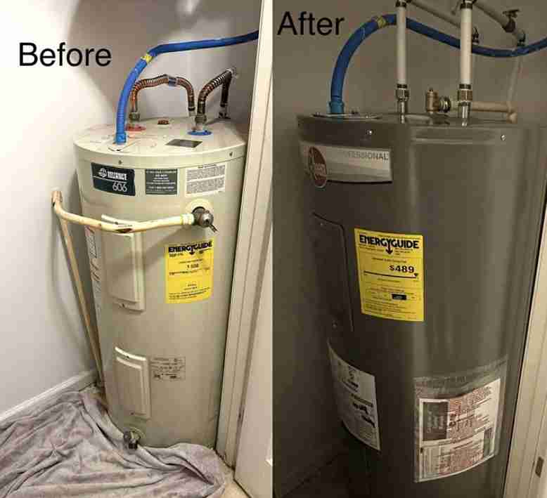 Before and after comparison showing an old, leaking water heater replaced with a new, energy-efficient Rheem Professional model by New Flow Plumbing.